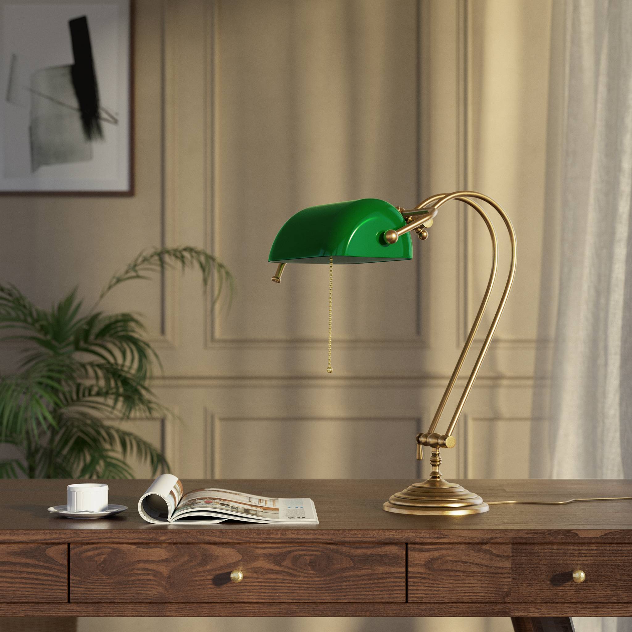 Classic banker's desk lamp with green glass shade and adjustable brass structure featuring dual joints and pull chain switch by Ghidini 1849 - Finish: OBS Bronze Satin Brass