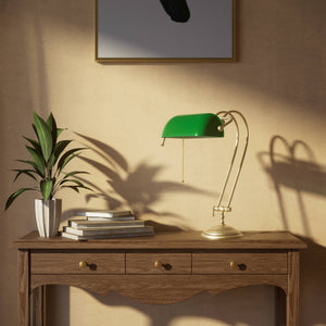 Classic banker's desk lamp with green glass shade and adjustable brass structure featuring dual joints and pull chain switch by Ghidini 1849 - Finish: OBV Bronze Satin Light Brass