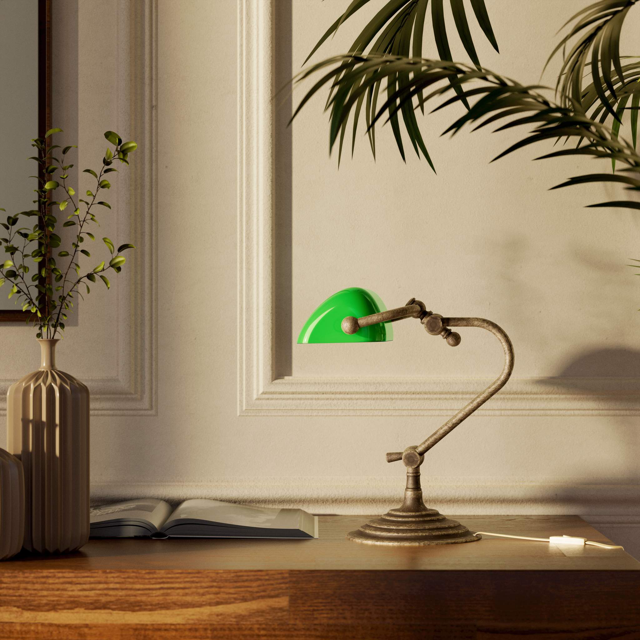 Mini banker's lamp with green glass shade and compact adjustable brass structure with dual joints and pull chain by Ghidini 1849 - Finish: OAS Antique Brass