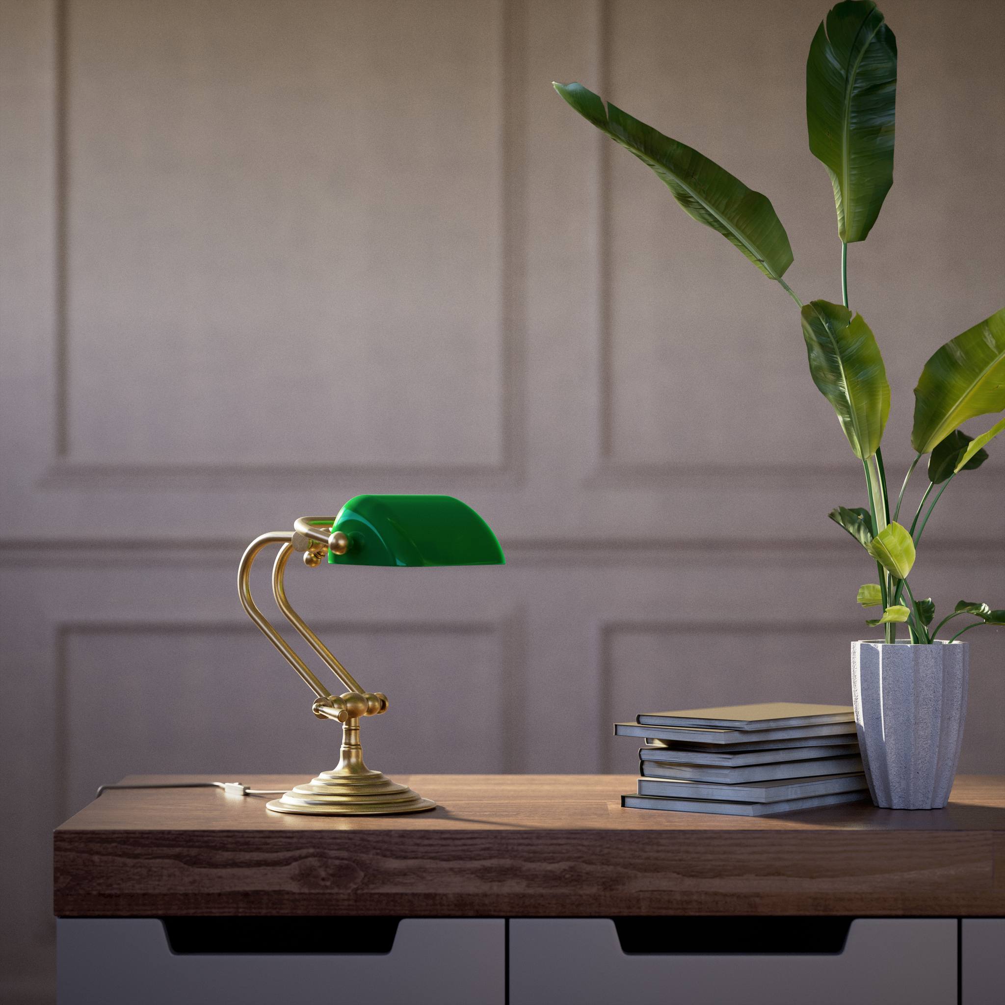 Mini banker's lamp with green glass shade and compact adjustable brass structure with dual joints and pull chain by Ghidini 1849 - Finish: OBS Bronze Satin Brass