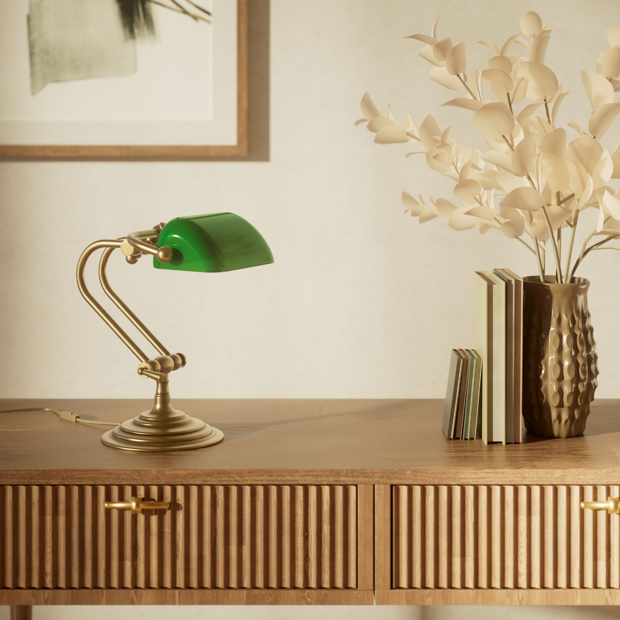 Mini banker's lamp with green glass shade and compact adjustable brass structure with dual joints and pull chain by Ghidini 1849 - Finish: OBS Bronze Satin Brass