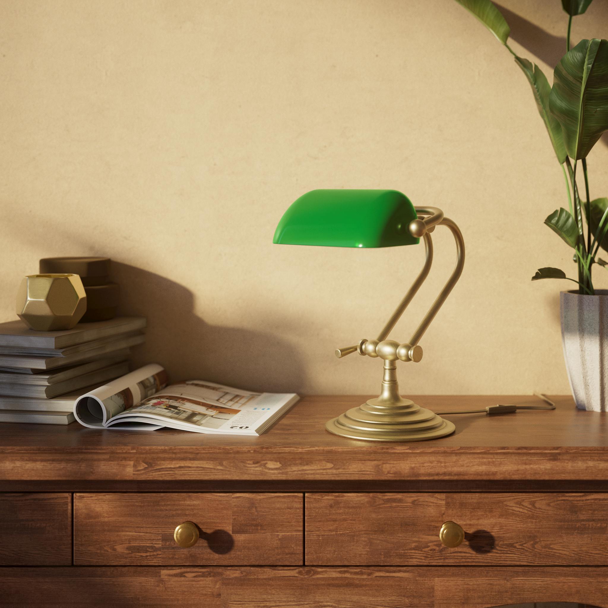 Mini banker's lamp with green glass shade and compact adjustable brass structure with dual joints and pull chain by Ghidini 1849 - Finish: OBV Bronze Satin Light Brass