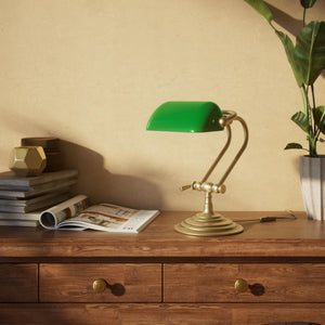 Mini banker's lamp with green glass shade and compact adjustable brass structure with dual joints and pull chain by Ghidini 1849 - Finish: OBV Bronze Satin Light Brass