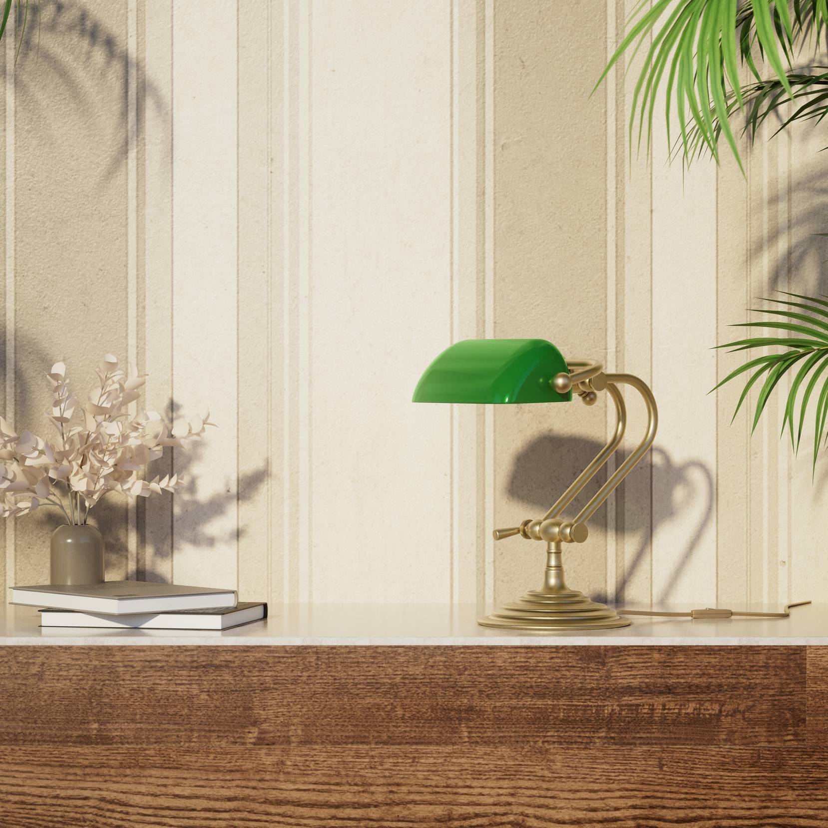 Mini banker's lamp with green glass shade and compact adjustable brass structure with dual joints and pull chain by Ghidini 1849 - Finish: OBV Bronze Satin Light Brass