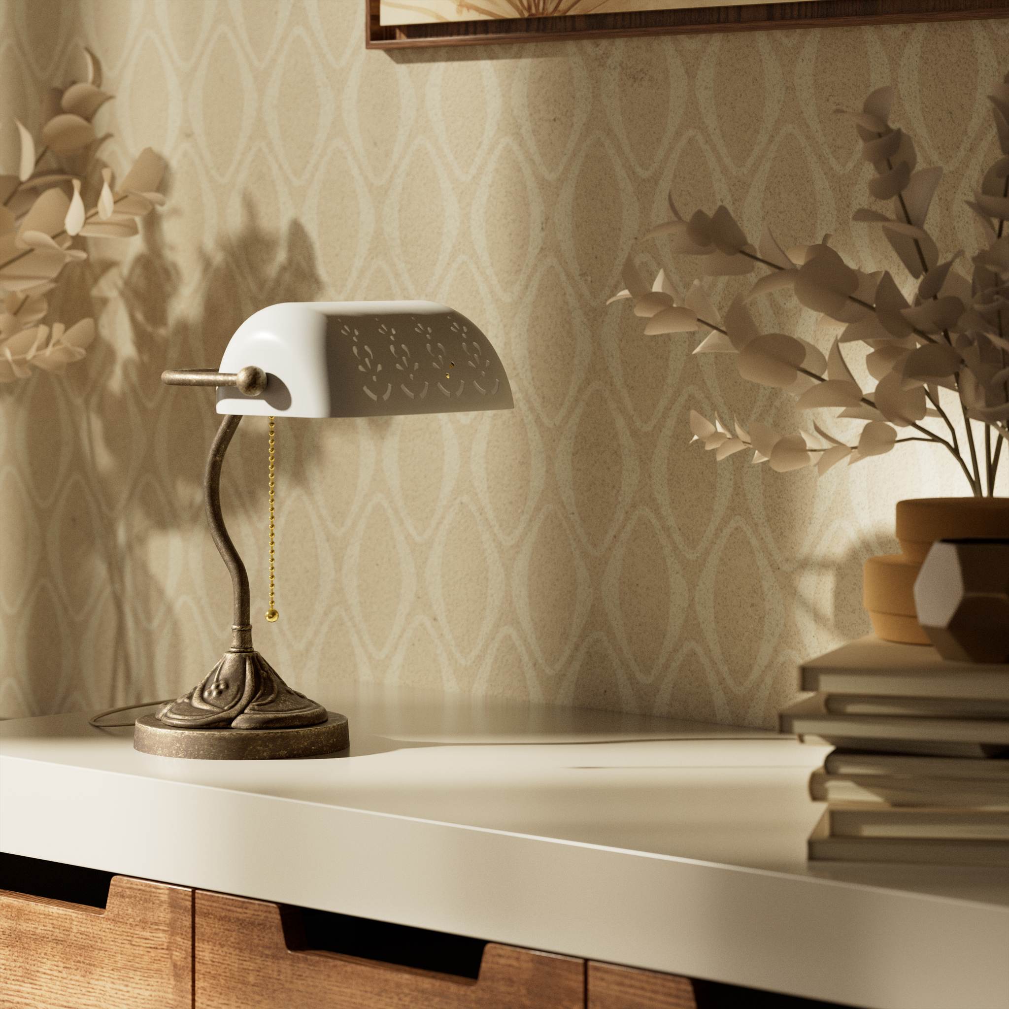 Art Nouveau table lamp with pierced white ceramic shade decorated brass base with floral motifs and pull chain by Ghidini 1849 - Finish: OAS Antique Brass