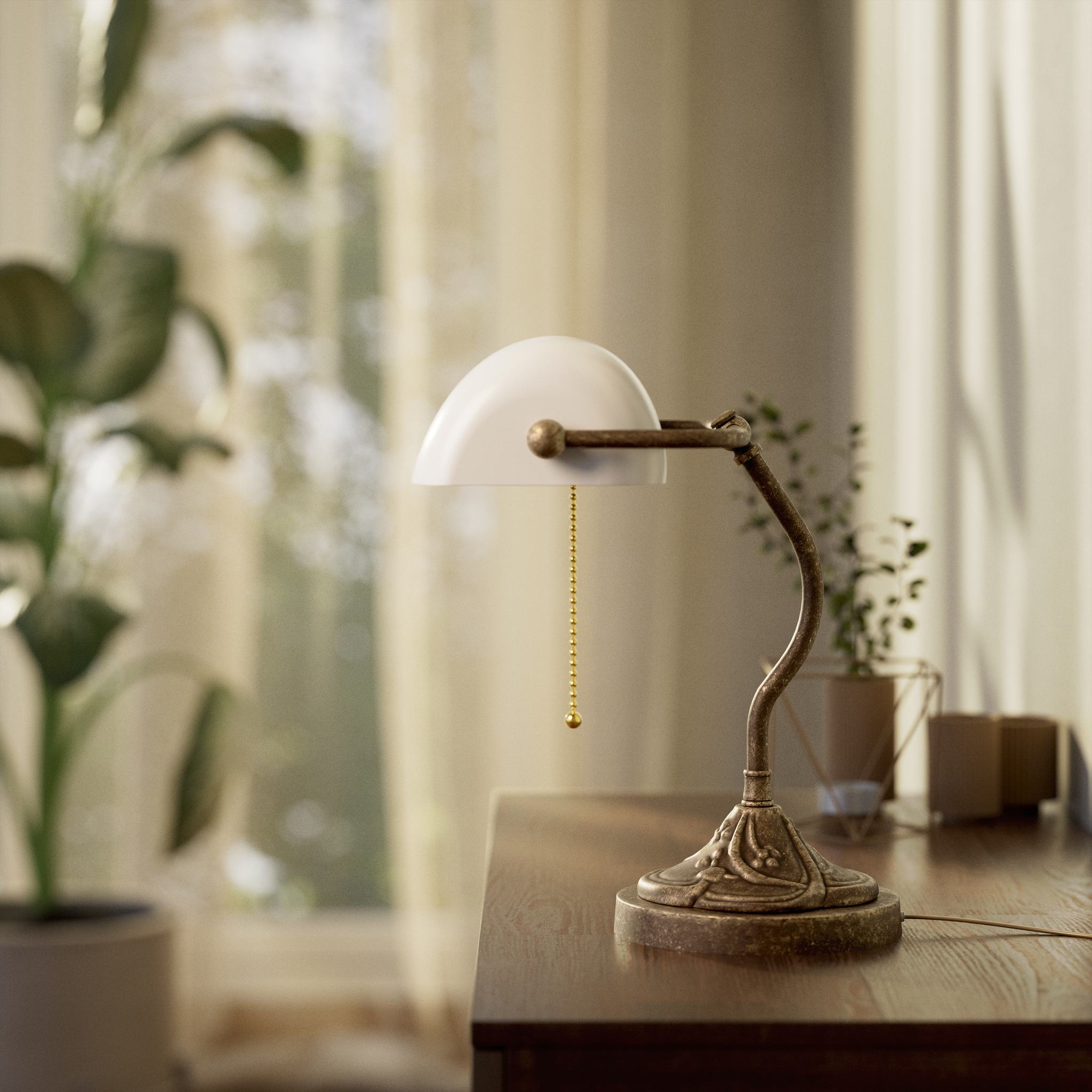 Art Nouveau table lamp with pierced white ceramic shade decorated brass base with floral motifs and pull chain by Ghidini 1849 - Finish: OAS Antique Brass