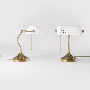 Art Nouveau table lamp with pierced white ceramic shade decorated brass base with floral motifs and pull chain by Ghidini 1849 - Finish: OBS Bronze Satin Brass