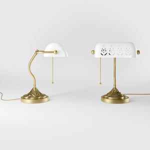 Art Nouveau table lamp with pierced white ceramic shade decorated brass base with floral motifs and pull chain by Ghidini 1849 - Finish: OBV Bronze Satin Light Brass