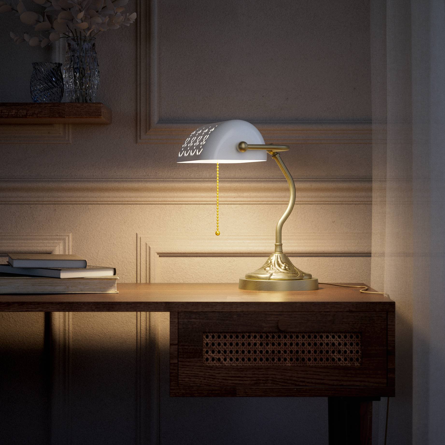 Art Nouveau table lamp with pierced white ceramic shade decorated brass base with floral motifs and pull chain by Ghidini 1849 - Finish: OBV Bronze Satin Light Brass