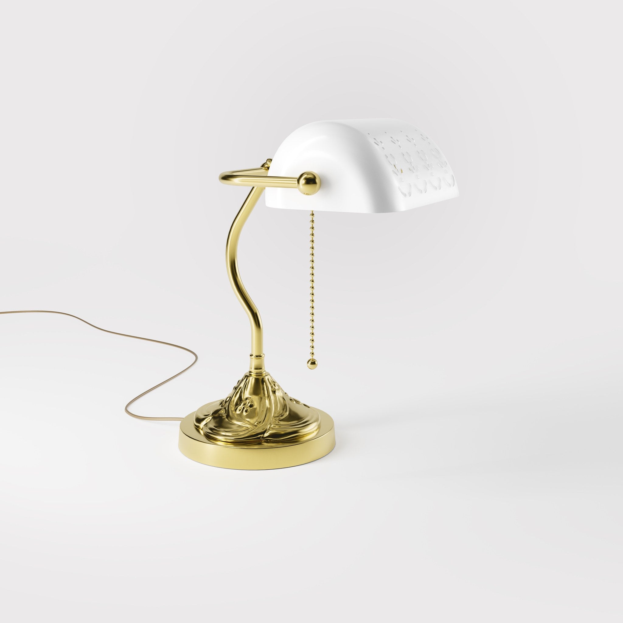 Art Nouveau table lamp with pierced white ceramic shade decorated brass base with floral motifs and pull chain by Ghidini 1849 - Finish: OLV Polished Brass