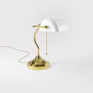 Art Nouveau table lamp with pierced white ceramic shade decorated brass base with floral motifs and pull chain by Ghidini 1849 - Finish: OLV Polished Brass
