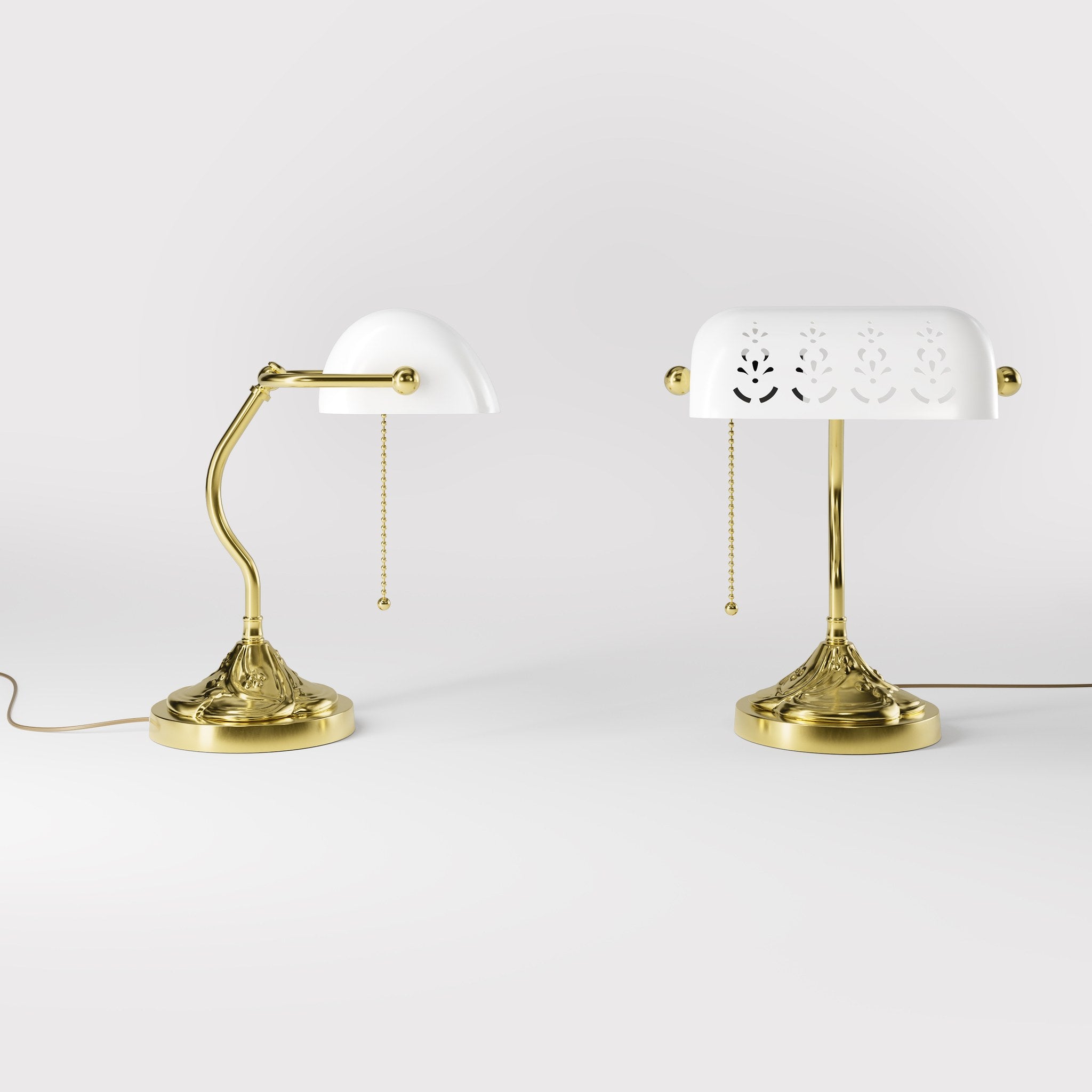 Art Nouveau table lamp with pierced white ceramic shade decorated brass base with floral motifs and pull chain by Ghidini 1849 - Finish: OLV Polished Brass