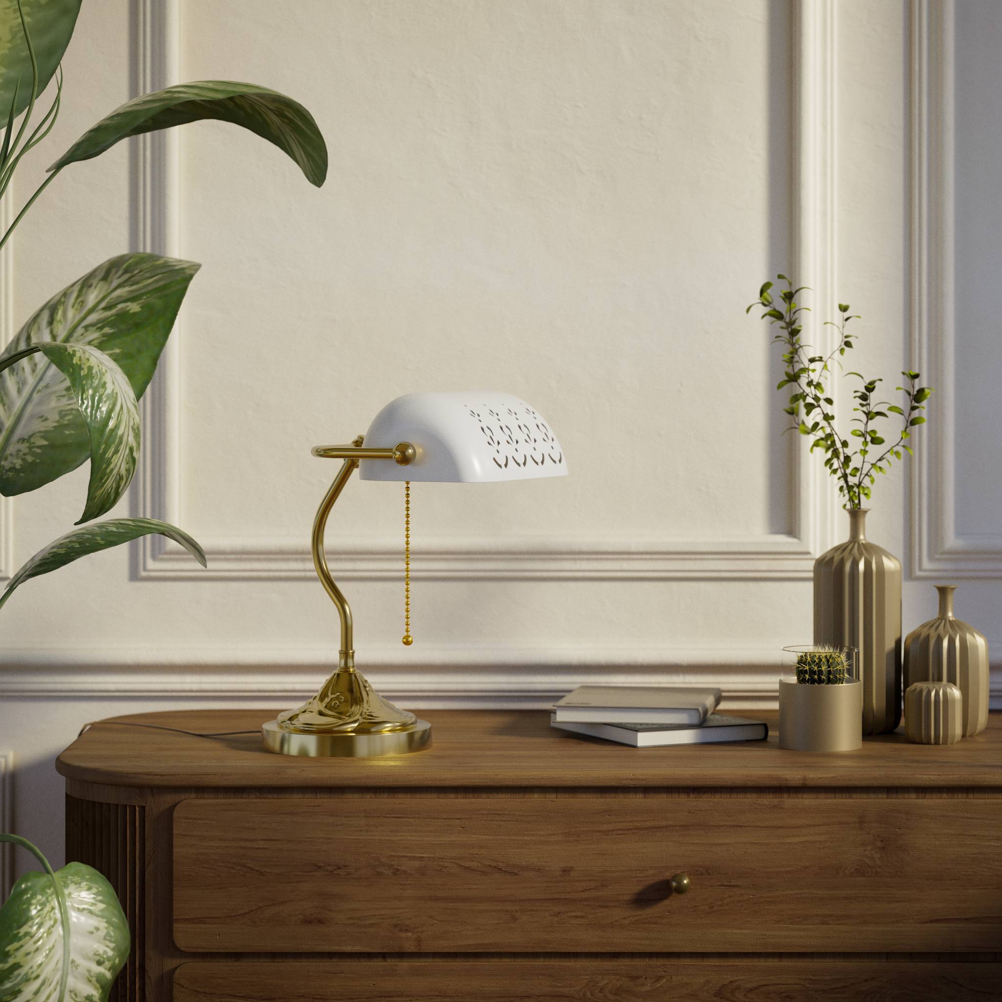 Art Nouveau table lamp with pierced white ceramic shade decorated brass base with floral motifs and pull chain by Ghidini 1849 - Finish: OLV Polished Brass