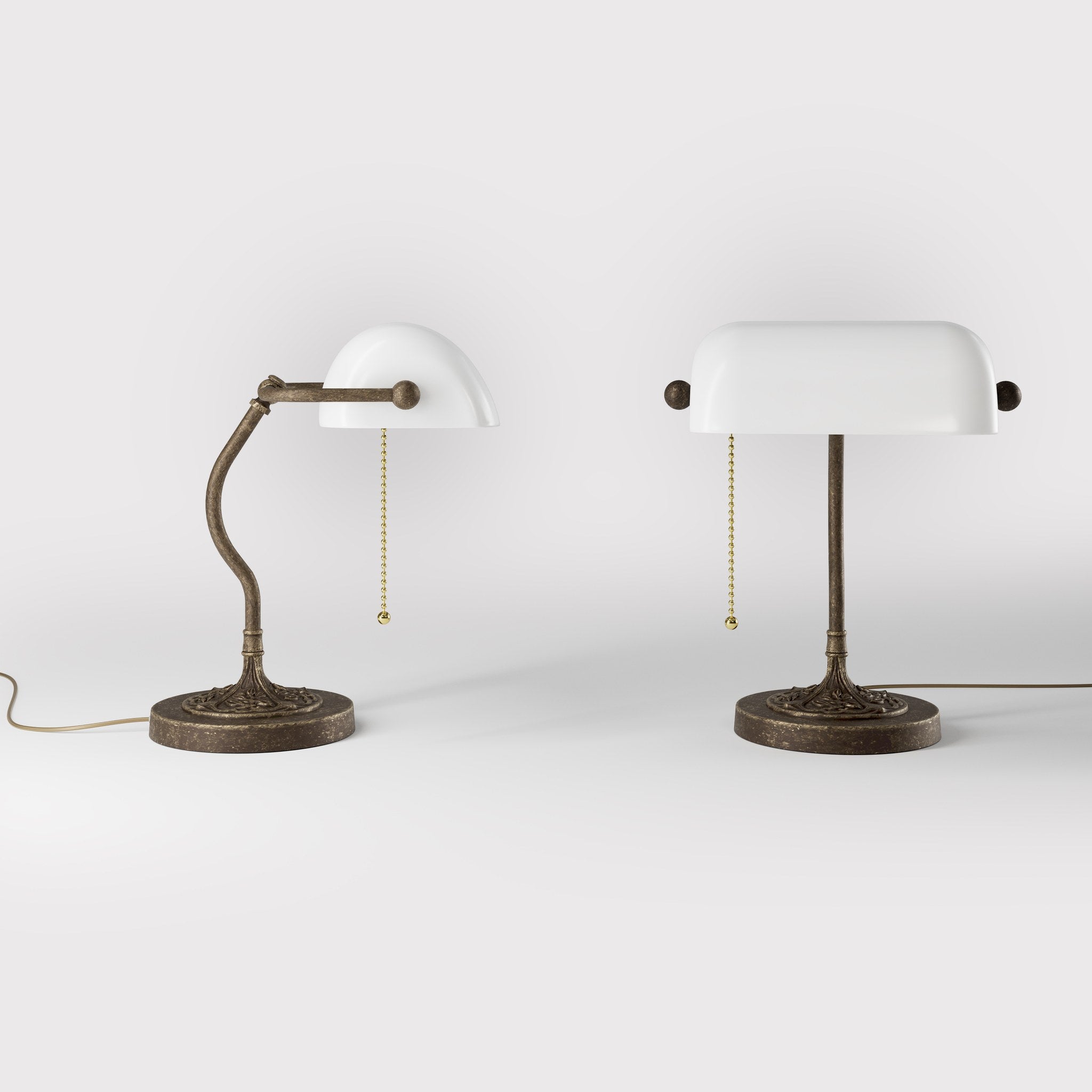 Art Nouveau table lamp with white glass shade sinuous brass stem decorated base with floral motifs and pull chain by Ghidini 1849 - Finish: OAS Antique Brass