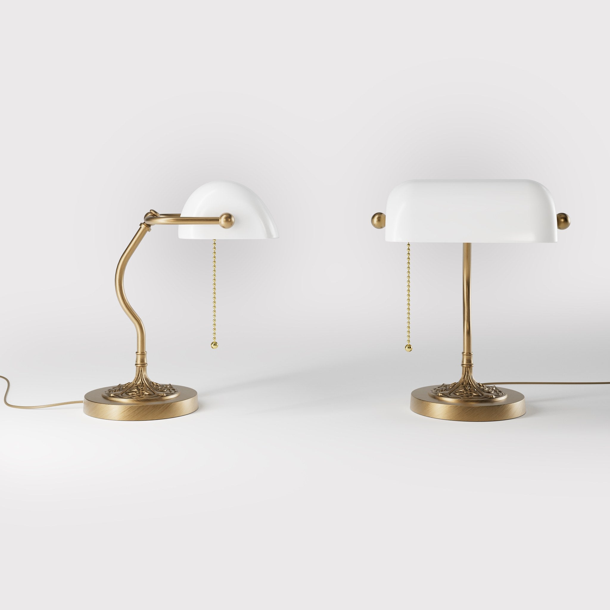 Art Nouveau table lamp with white glass shade sinuous brass stem decorated base with floral motifs and pull chain by Ghidini 1849 - Finish: OBS Bronze Satin Brass