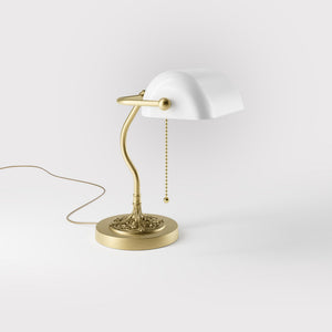 Art Nouveau table lamp with white glass shade sinuous brass stem decorated base with floral motifs and pull chain by Ghidini 1849 - Finish: OBV Bronze Satin Light Brass
