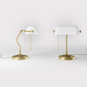 Art Nouveau table lamp with white glass shade sinuous brass stem decorated base with floral motifs and pull chain by Ghidini 1849 - Finish: OBV Bronze Satin Light Brass