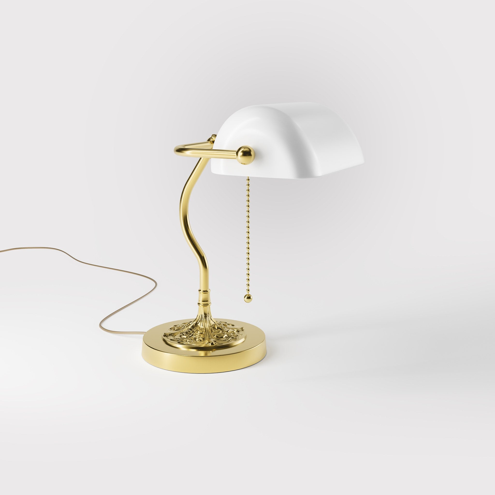 Art Nouveau table lamp with white glass shade sinuous brass stem decorated base with floral motifs and pull chain by Ghidini 1849 - Finish: OLV Polished Brass