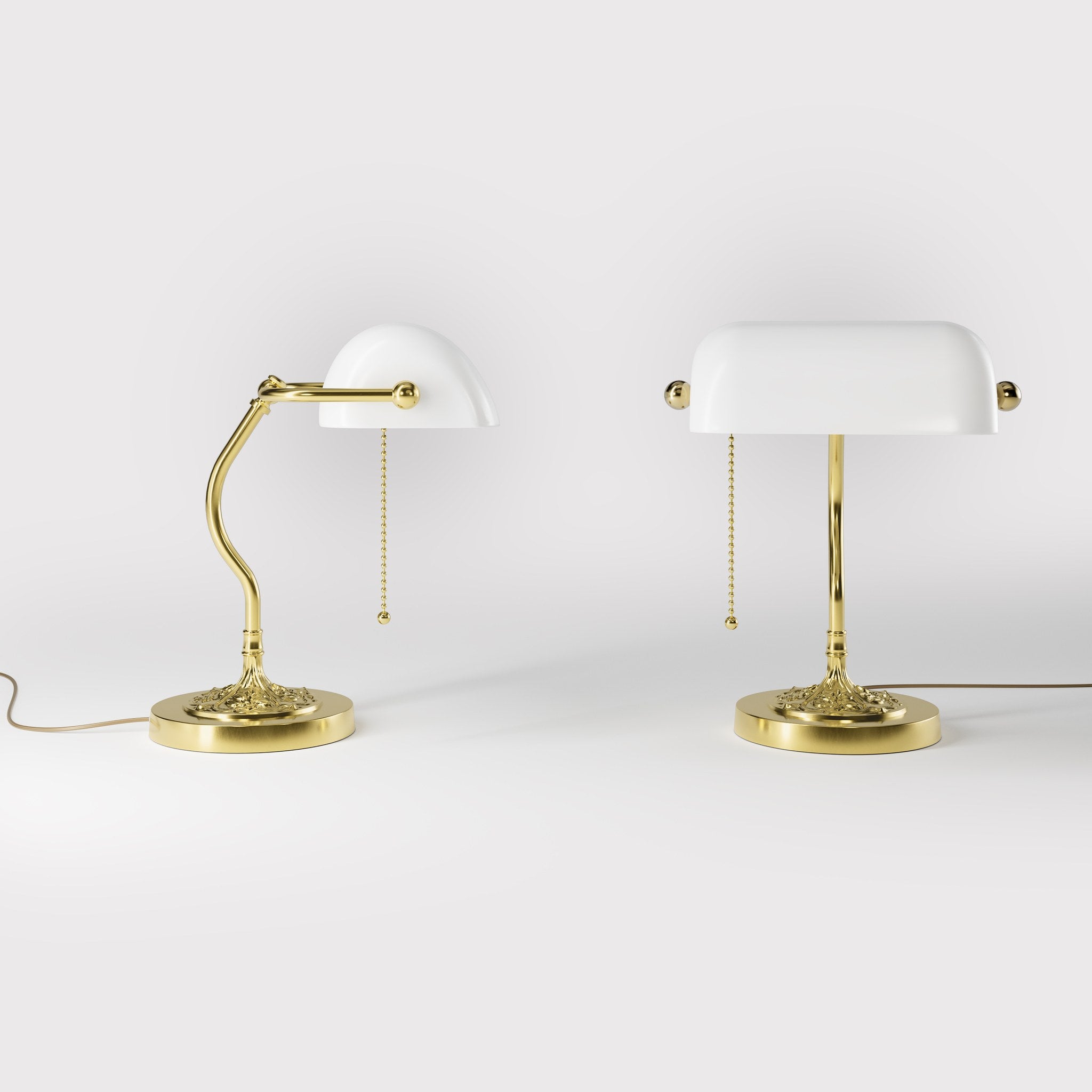 Art Nouveau table lamp with white glass shade sinuous brass stem decorated base with floral motifs and pull chain by Ghidini 1849 - Finish: OLV Polished Brass