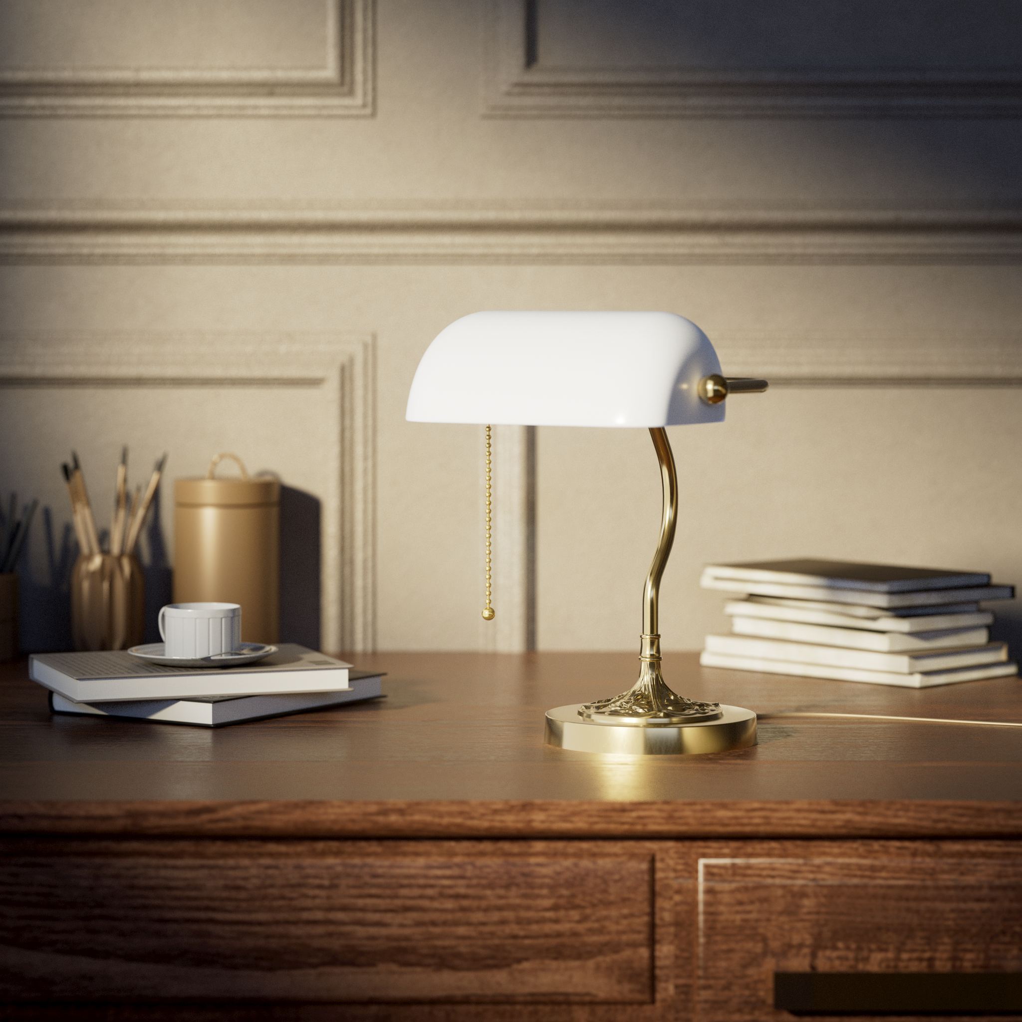 Art Nouveau table lamp with white glass shade sinuous brass stem decorated base with floral motifs and pull chain by Ghidini 1849 - Finish: OLV Polished Brass