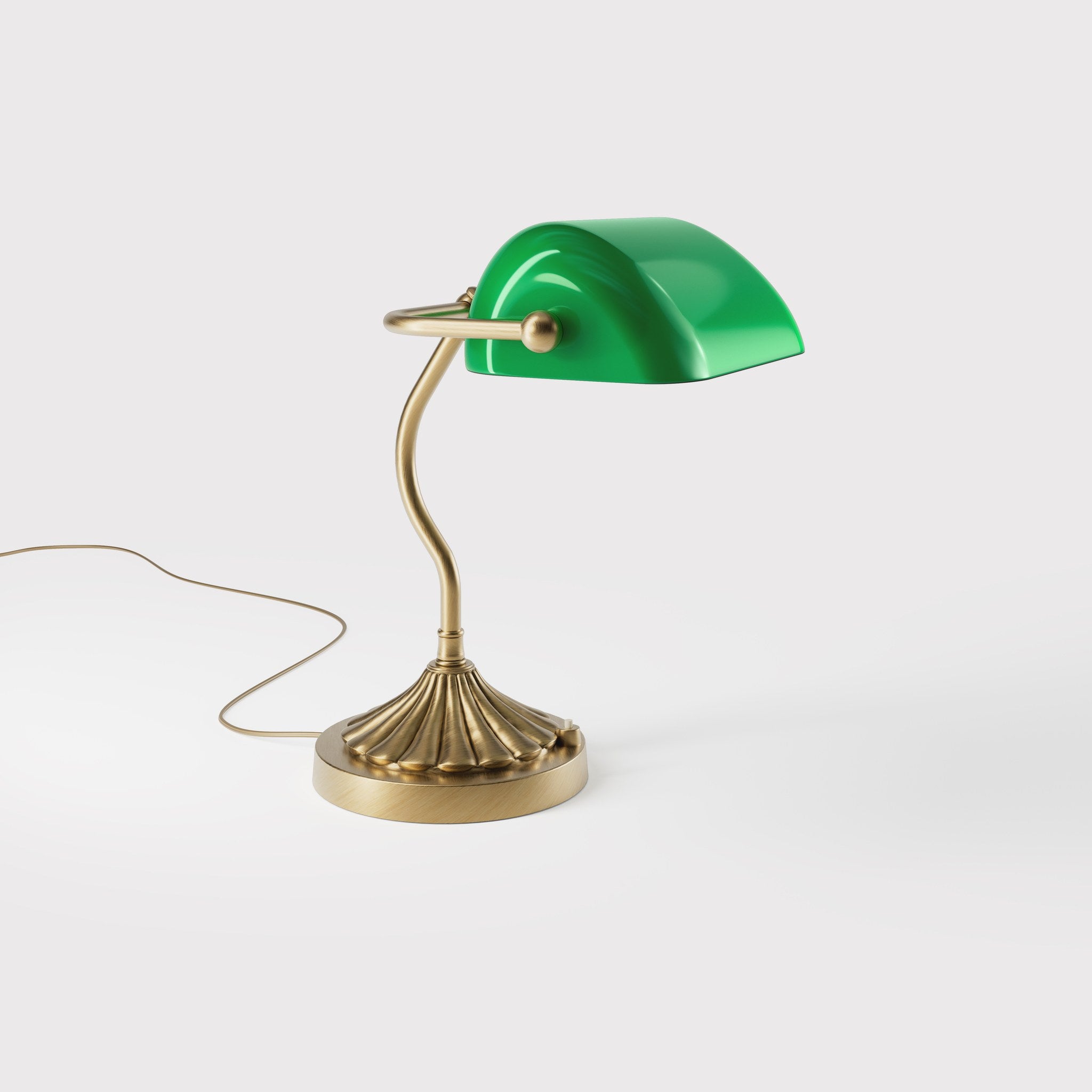 Art Deco desk lamp with green glass shade shell-shaped brass base with decorated design and sinuous stem by Ghidini 1849 - Finish: OBS Bronze Satin Brass