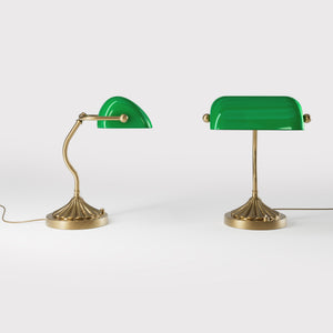 Art Deco desk lamp with green glass shade shell-shaped brass base with decorated design and sinuous stem by Ghidini 1849 - Finish: OBS Bronze Satin Brass