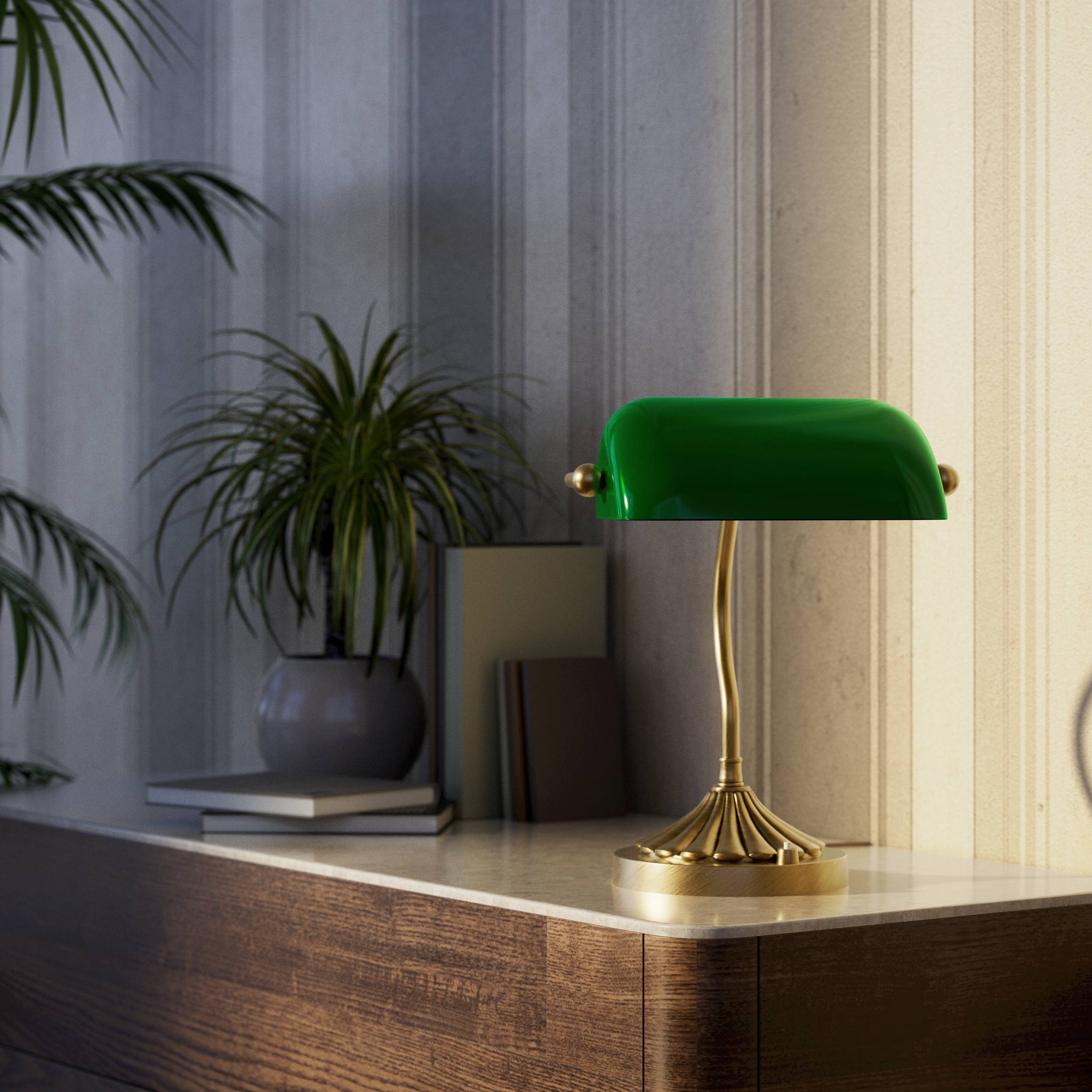Art Deco desk lamp with green glass shade shell-shaped brass base with decorated design and sinuous stem by Ghidini 1849 - Finish: OBS Bronze Satin Brass
