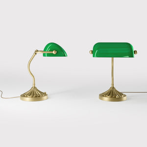 Art Deco desk lamp with green glass shade shell-shaped brass base with decorated design and sinuous stem by Ghidini 1849 - Finish: OBV Bronze Satin Light Brass