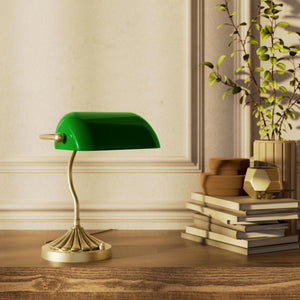 Art Deco desk lamp with green glass shade shell-shaped brass base with decorated design and sinuous stem by Ghidini 1849 - Finish: OBV Bronze Satin Light Brass