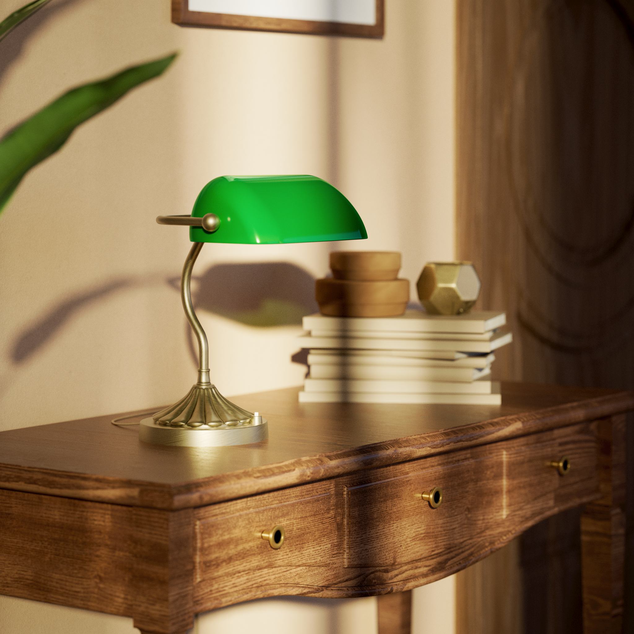 Art Deco desk lamp with green glass shade shell-shaped brass base with decorated design and sinuous stem by Ghidini 1849 - Finish: OBV Bronze Satin Light Brass