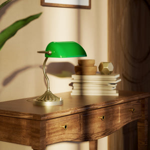 Art Deco desk lamp with green glass shade shell-shaped brass base with decorated design and sinuous stem by Ghidini 1849 - Finish: OBV Bronze Satin Light Brass