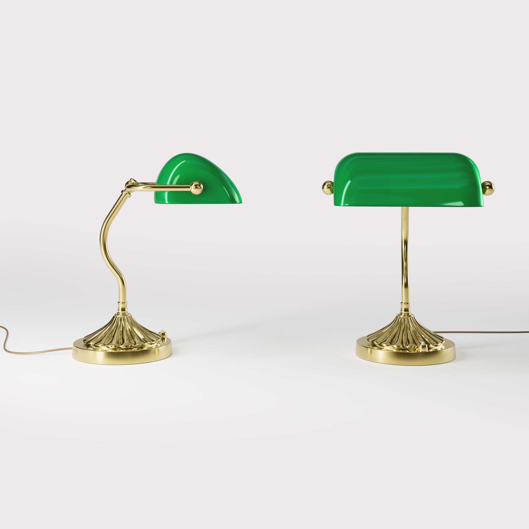 Art Deco desk lamp with green glass shade shell-shaped brass base with decorated design and sinuous stem by Ghidini 1849 - Finish: OLV Polished Brass