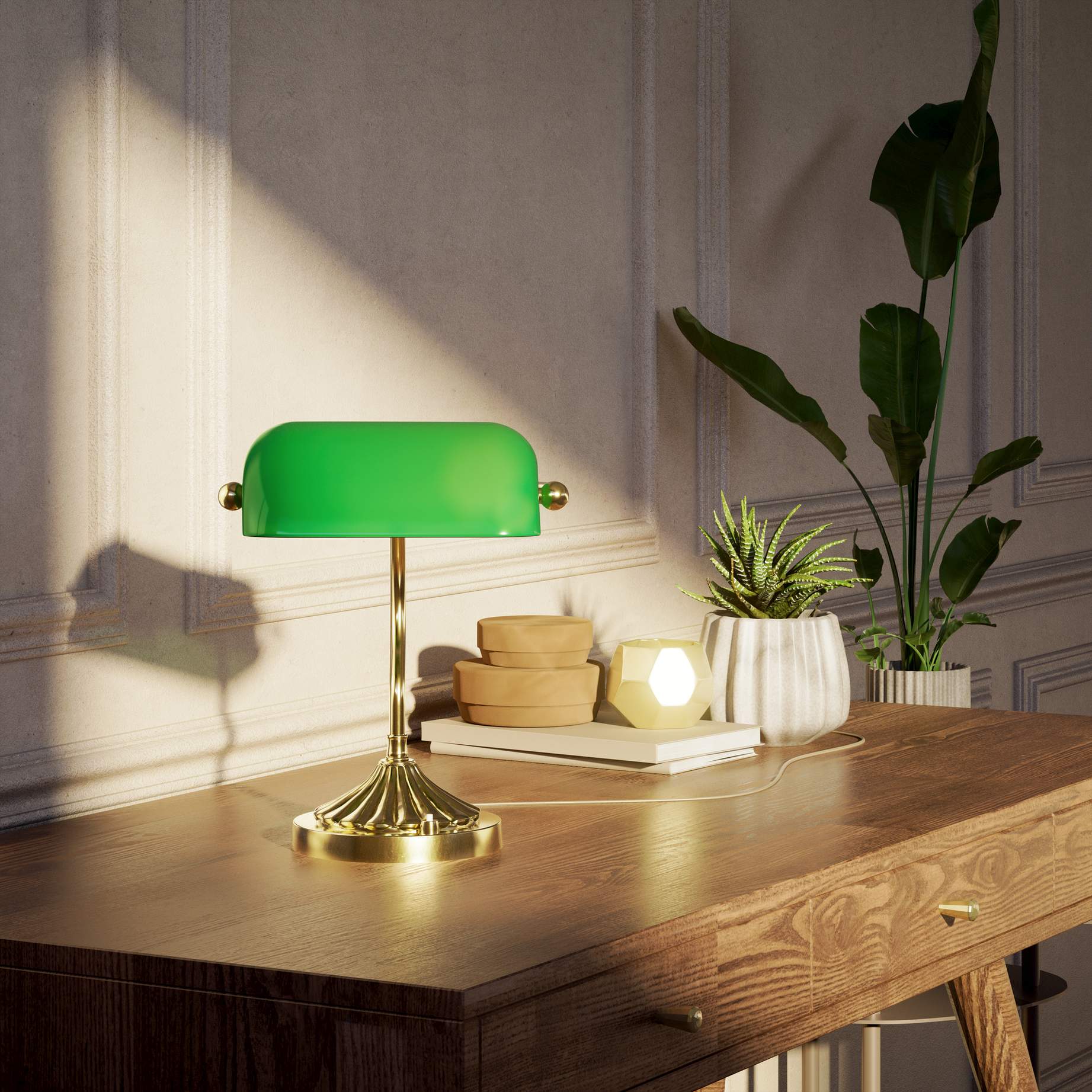 Art Deco desk lamp with green glass shade shell-shaped brass base with decorated design and sinuous stem by Ghidini 1849 - Finish: OLV Polished Brass
