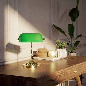 Art Deco desk lamp with green glass shade shell-shaped brass base with decorated design and sinuous stem by Ghidini 1849 - Finish: OLV Polished Brass