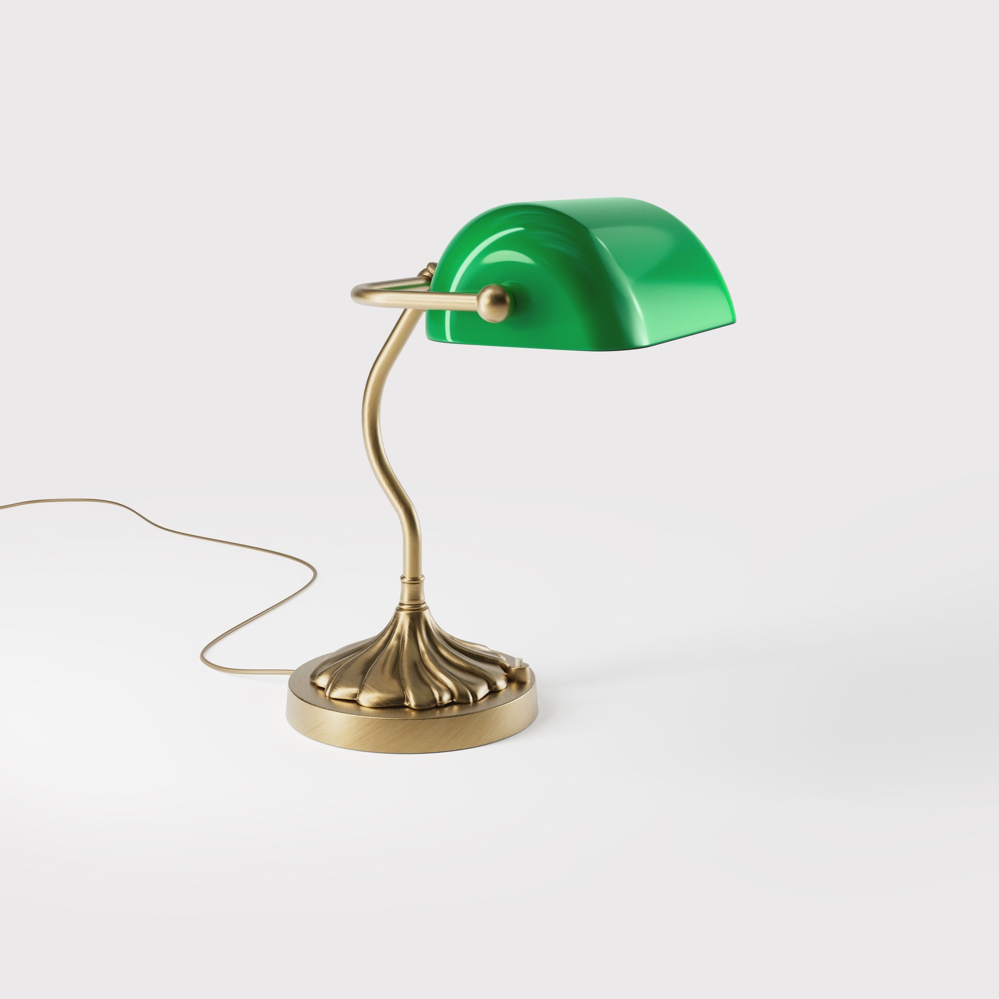 Retro table lamp with green glass shade spiral brass base with decorative design curved stem and button switch by Ghidini 1849 - Finish: OBS Bronze Satin Brass