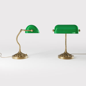 Retro table lamp with green glass shade spiral brass base with decorative design curved stem and button switch by Ghidini 1849 - Finish: OBS Bronze Satin Brass