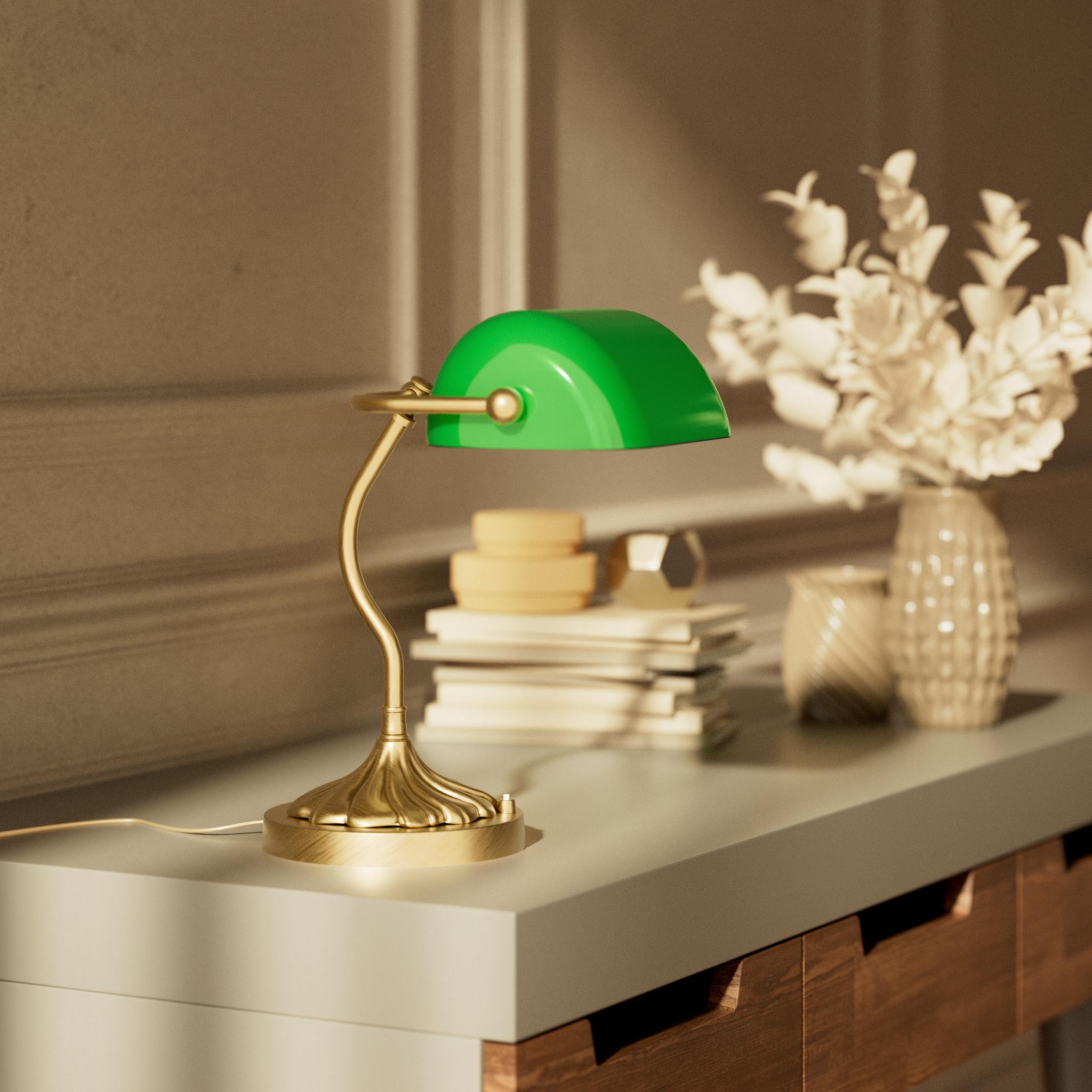 Retro table lamp with green glass shade spiral brass base with decorative design curved stem and button switch by Ghidini 1849 - Finish: OBS Bronze Satin Brass