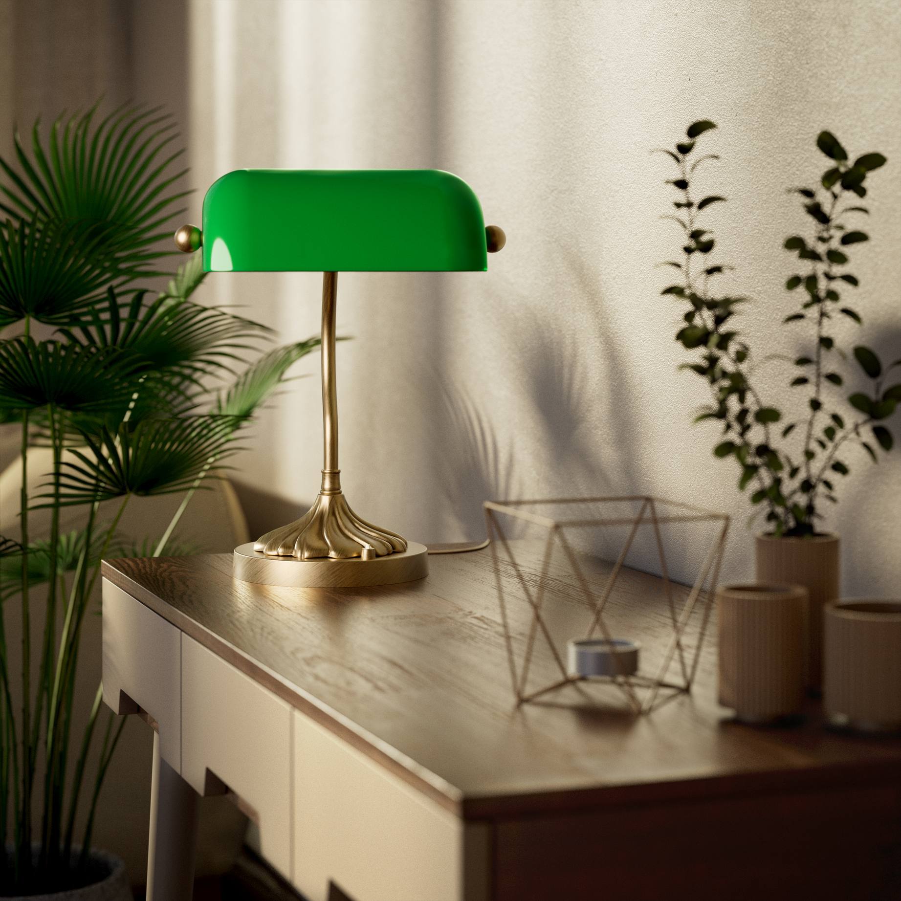 Retro table lamp with green glass shade spiral brass base with decorative design curved stem and button switch by Ghidini 1849 - Finish: OBS Bronze Satin Brass
