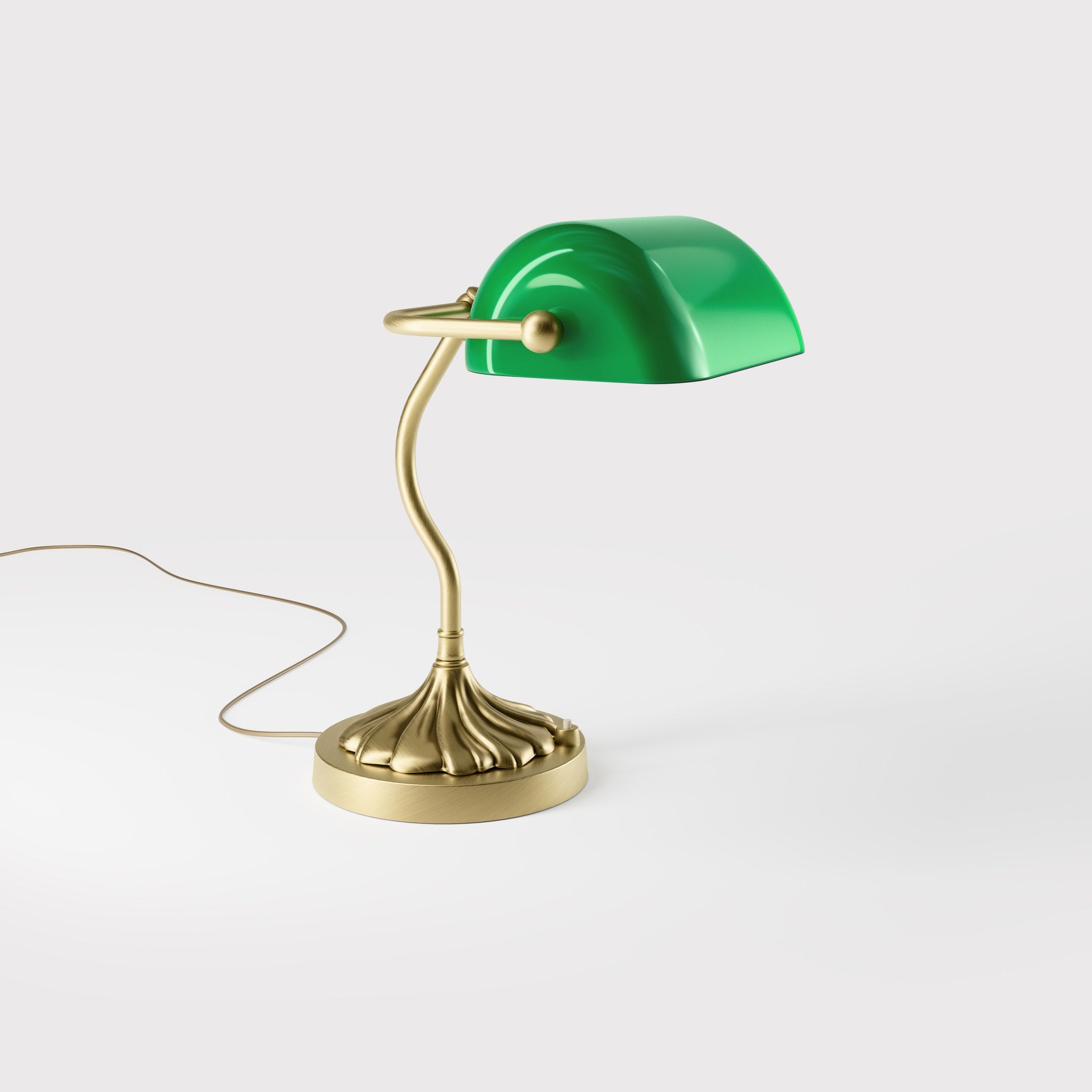Retro table lamp with green glass shade spiral brass base with decorative design curved stem and button switch by Ghidini 1849 - Finish: OBV Bronze Satin Light Brass