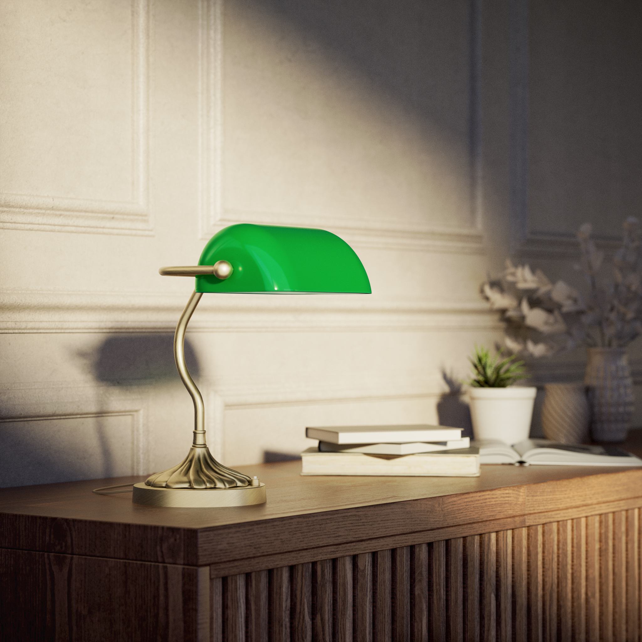 Retro table lamp with green glass shade spiral brass base with decorative design curved stem and button switch by Ghidini 1849 - Finish: OBV Bronze Satin Light Brass