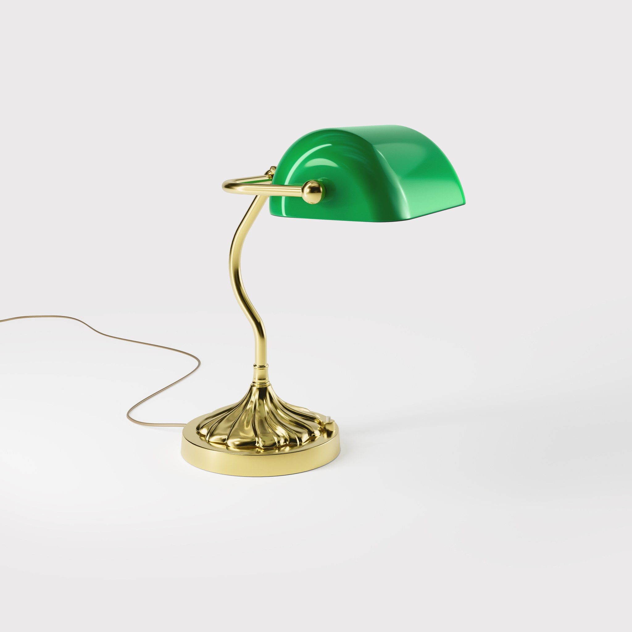 Retro table lamp with green glass shade spiral brass base with decorative design curved stem and button switch by Ghidini 1849 - Finish: OLV Polished Brass