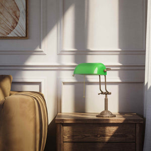 Banker's lamp with green glass shade double joint ornamental brass base with leaf motifs and pull chain by Ghidini 1849 - Finish: OAS Antique Brass