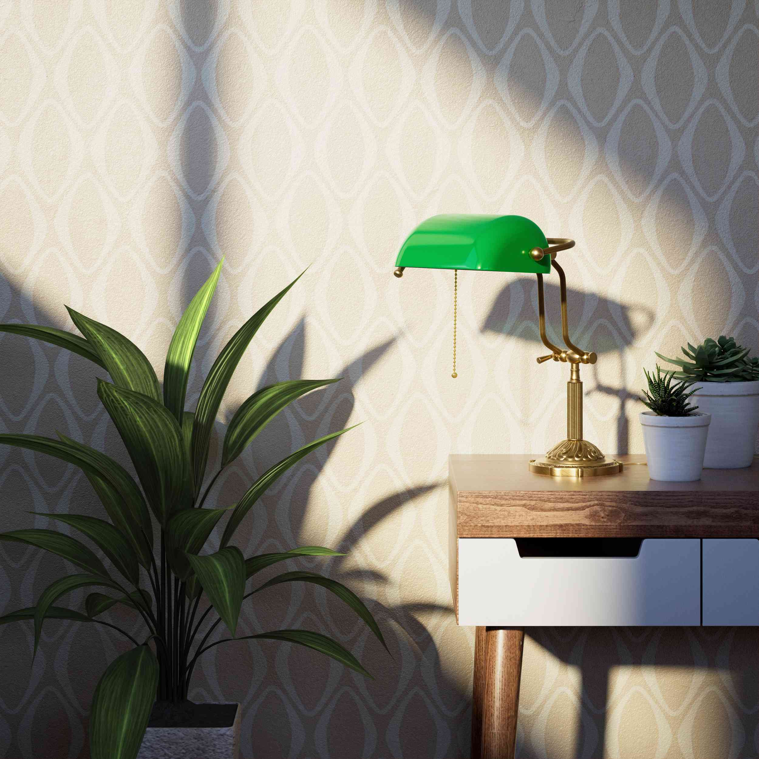 Banker's lamp with green glass shade double joint ornamental brass base with leaf motifs and pull chain by Ghidini 1849 - Finish: OBS Bronze Satin Brass