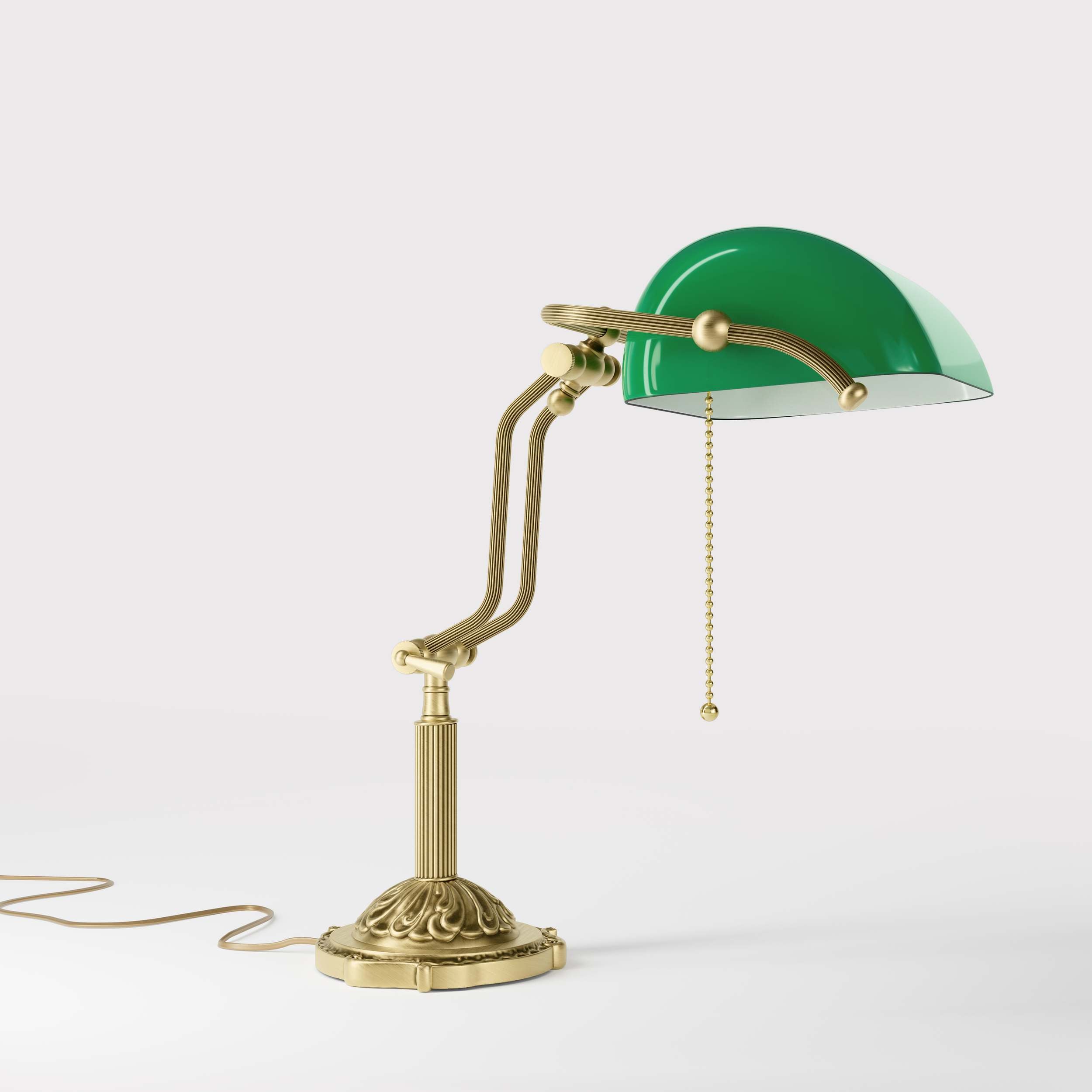 Banker's lamp with green glass shade double joint ornamental brass base with leaf motifs and pull chain by Ghidini 1849 - Finish: OBV Bronze Satin Light Brass