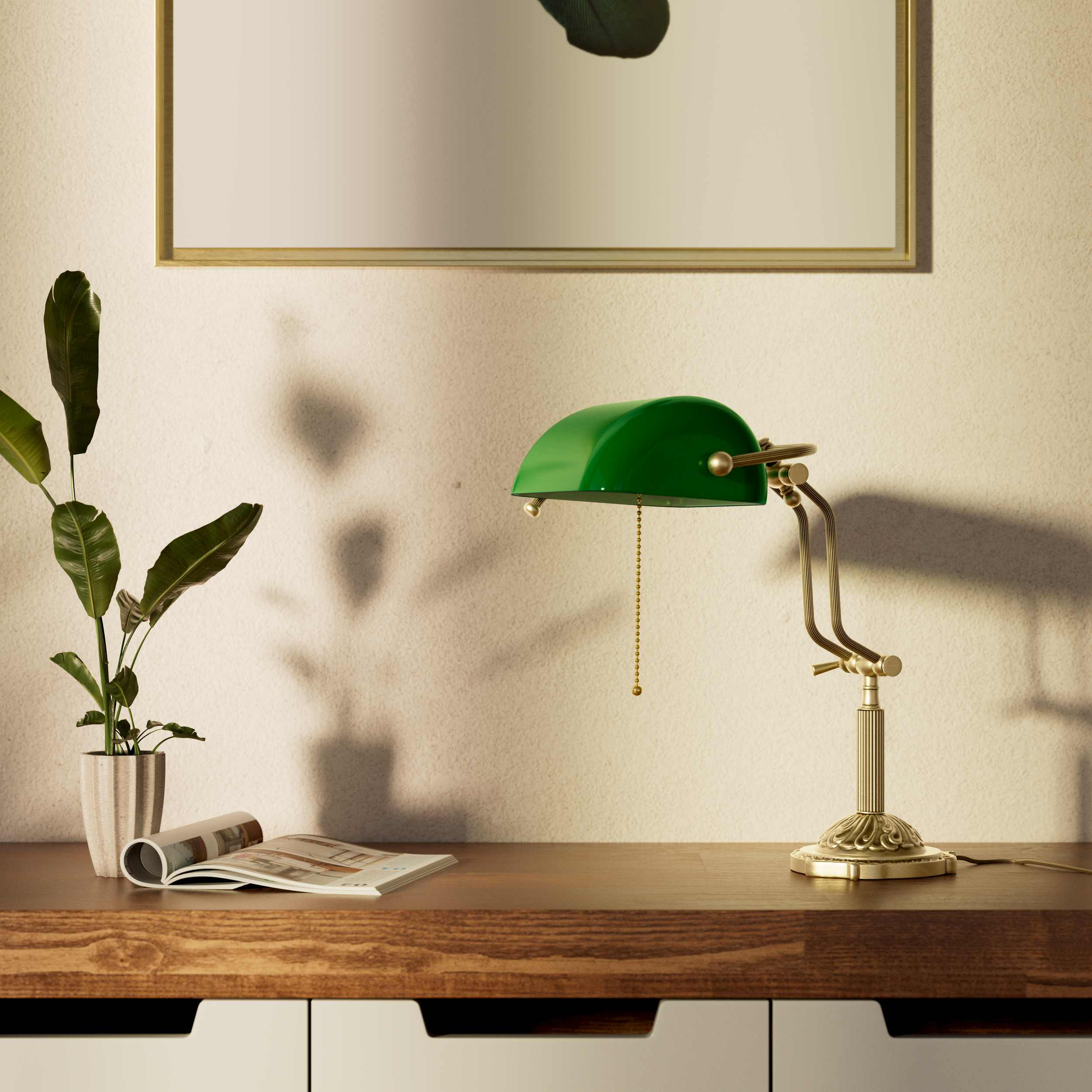 Banker's lamp with green glass shade double joint ornamental brass base with leaf motifs and pull chain by Ghidini 1849 - Finish: OBV Bronze Satin Light Brass