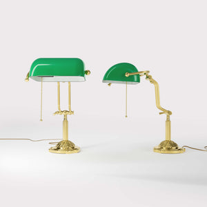 Banker's lamp with green glass shade double joint ornamental brass base with leaf motifs and pull chain by Ghidini 1849 - Finish: OLV Polished Brass