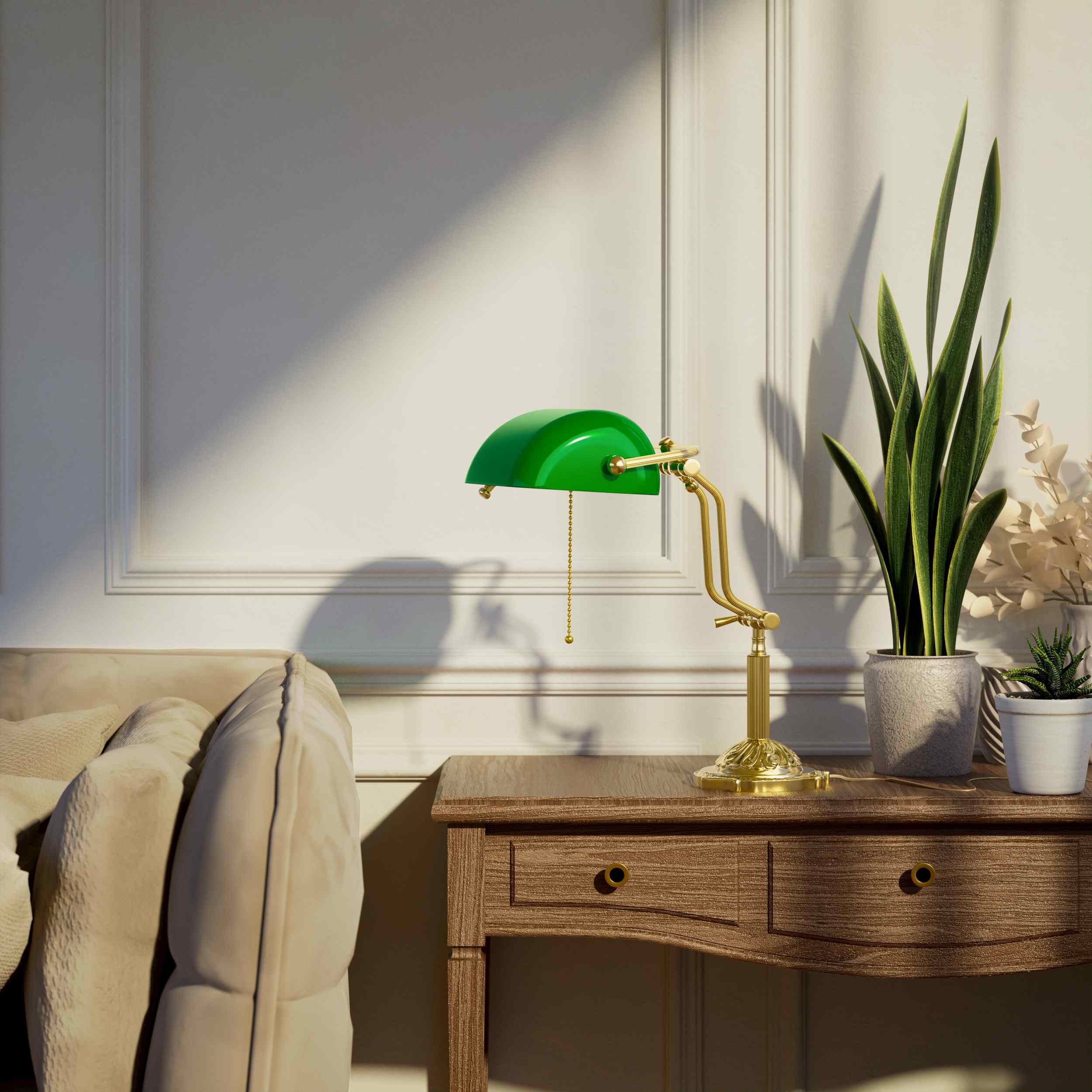 Banker's lamp with green glass shade double joint ornamental brass base with leaf motifs and pull chain by Ghidini 1849 - Finish: OLV Polished Brass