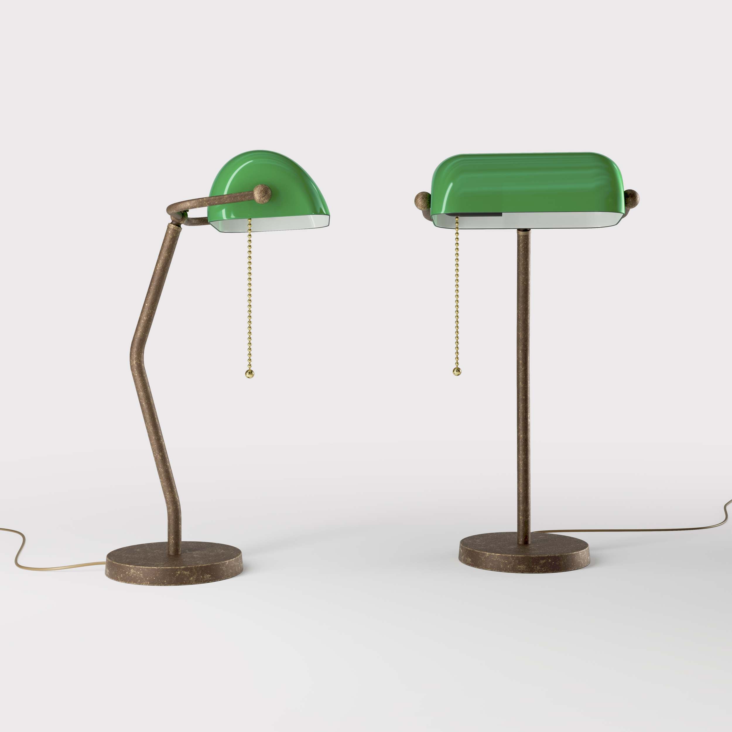Minimalist table lamp with green glass shade circular brass base slender stem and pull chain by Ghidini 1849 - Finish: OAS Antique Brass