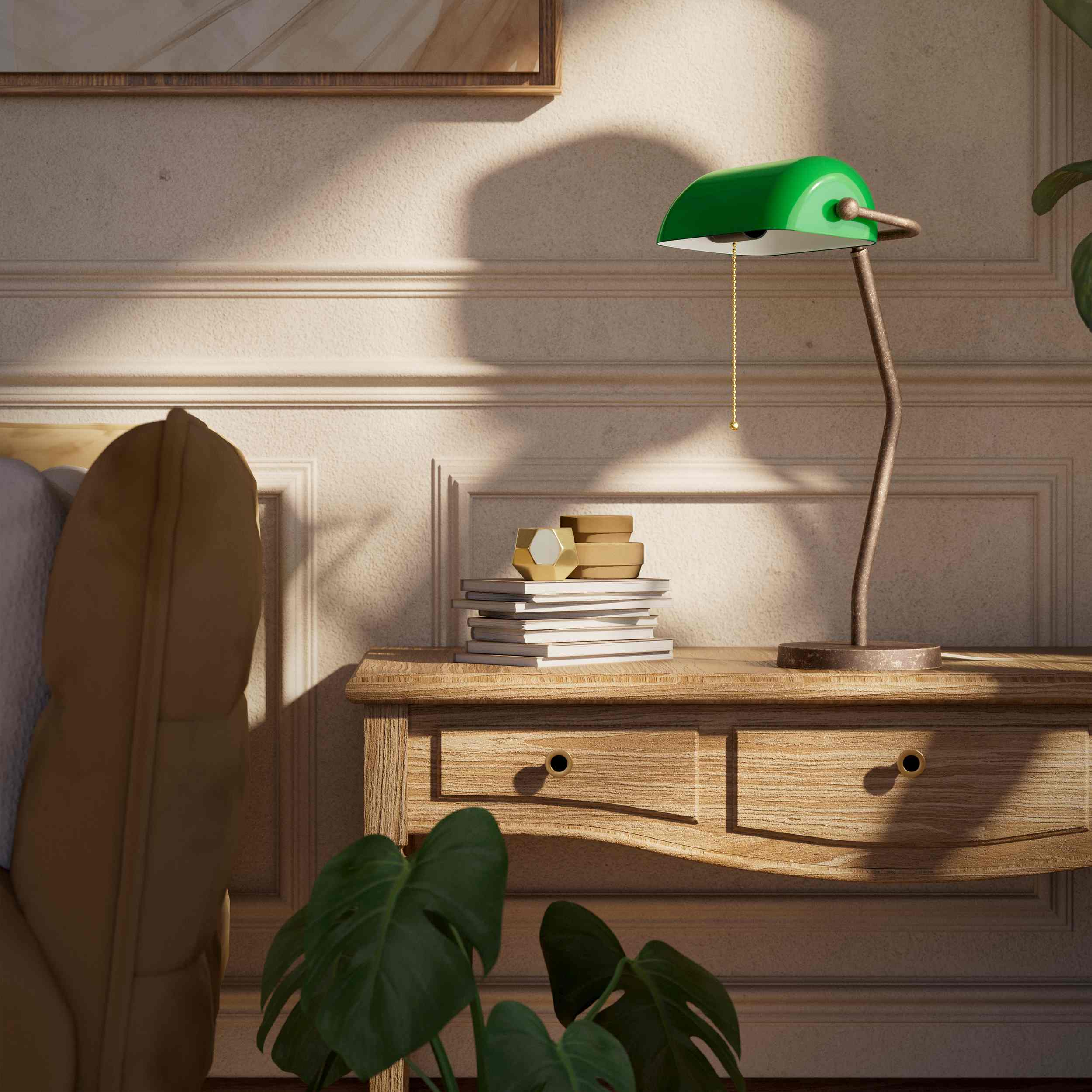 Minimalist table lamp with green glass shade circular brass base slender stem and pull chain by Ghidini 1849 - Finish: OAS Antique Brass