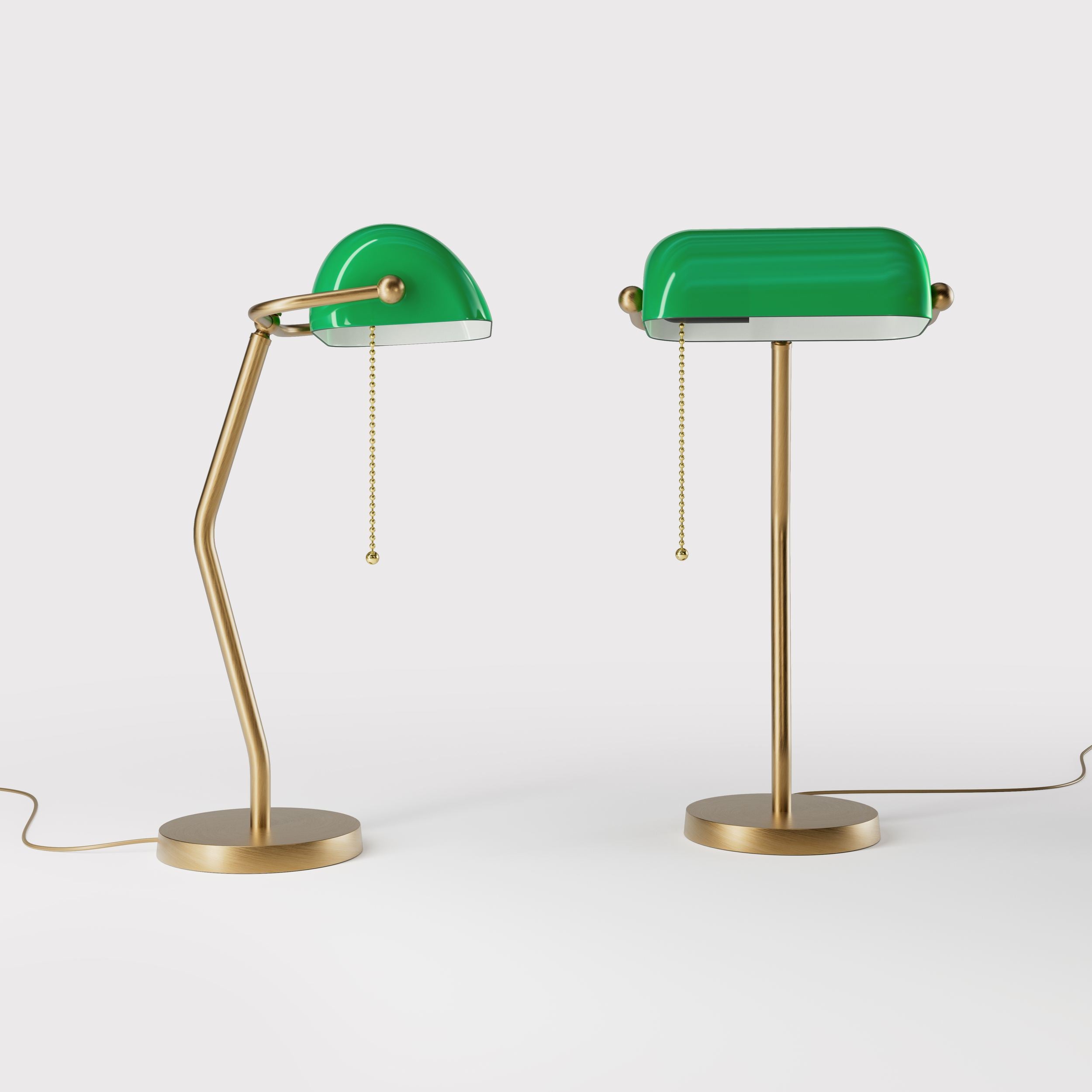 Minimalist table lamp with green glass shade circular brass base slender stem and pull chain by Ghidini 1849 - Finish: OBS Bronze Satin Brass